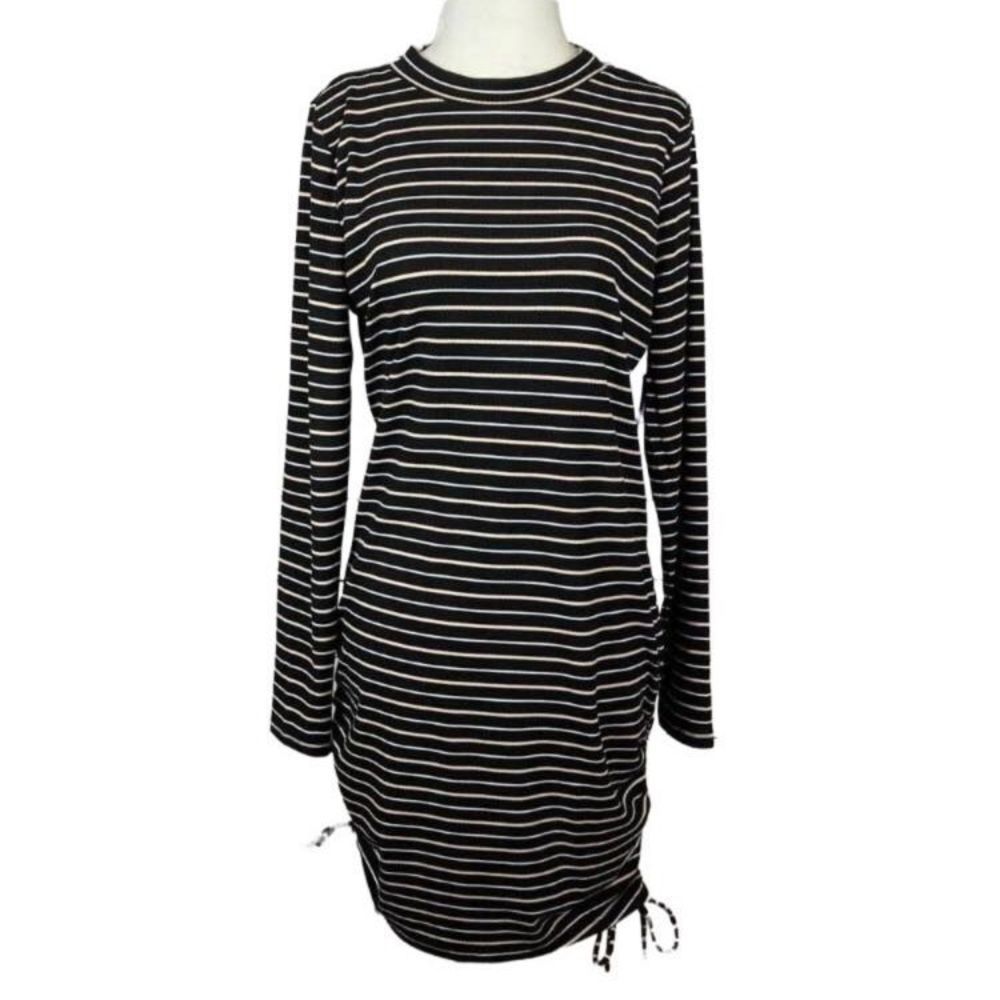 ABOUND NWT Black Striped Slight Mockneck Ribbed Dress w/Side Cinched Ties L